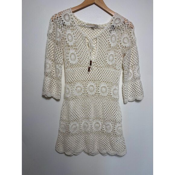 XXI Blouse Crochet Knit Tunic Top Size Small Ivory Cream Boho Western y2k Floral - Picture 2 of 5